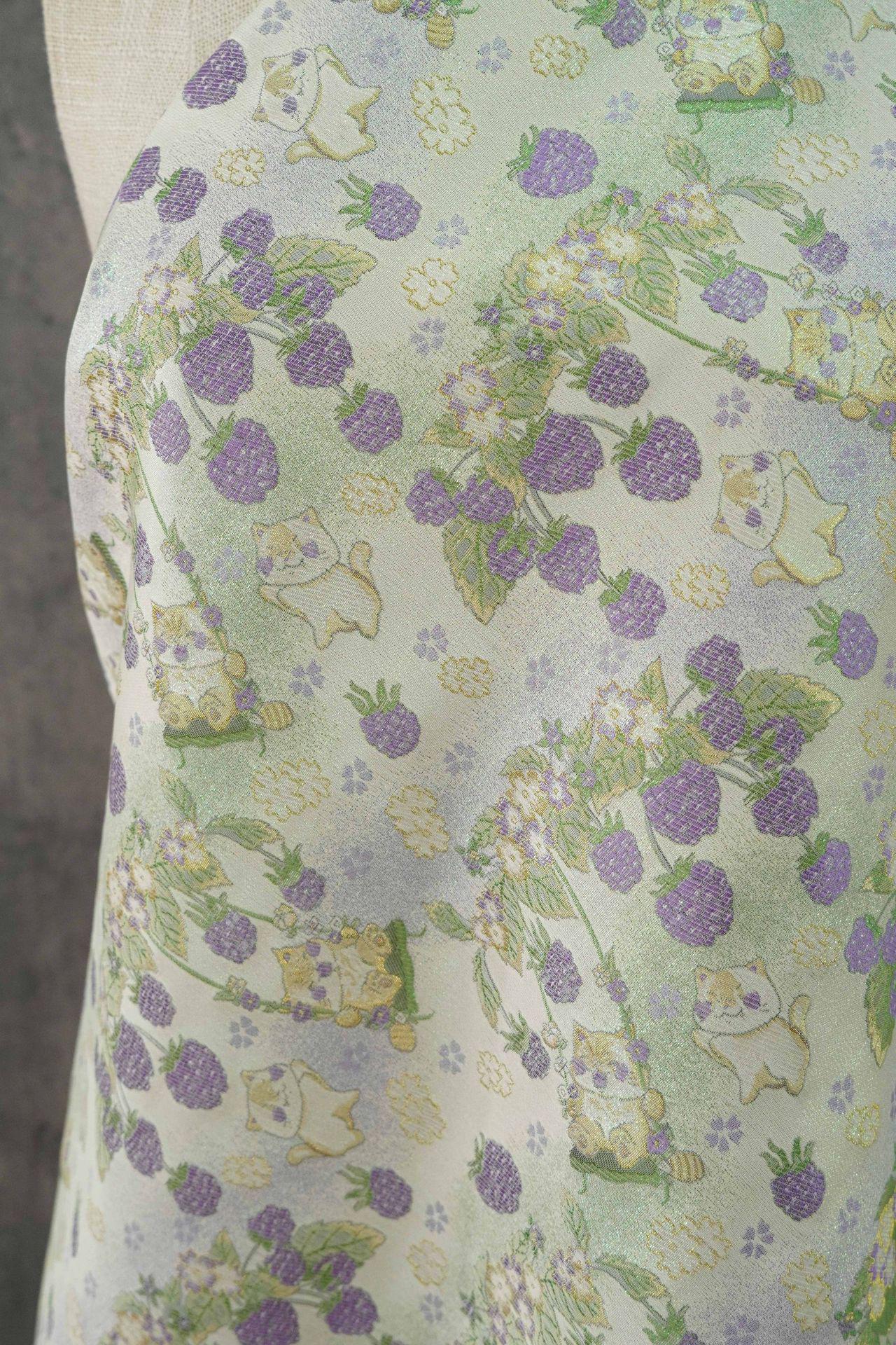 Pastoral Cat Jacquard Fabric, Raspberry Berry Floral Brocade with Metallic Thread, Cute Botanical Fabric for Dress, Qipao & Crafts, 64"Wide
