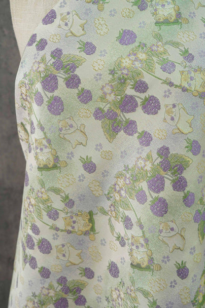 Pastoral Cat Jacquard Fabric, Raspberry Berry Floral Brocade with Metallic Thread, Cute Botanical Fabric for Dress, Qipao & Crafts, 64"Wide