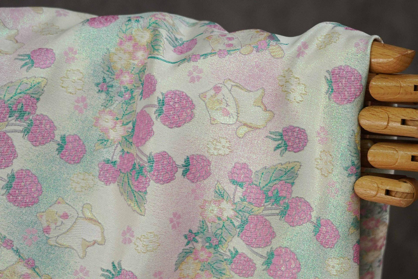 Pastoral Cat Jacquard Fabric, Raspberry Berry Floral Brocade with Metallic Thread, Cute Botanical Fabric for Dress, Qipao & Crafts, 64"Wide