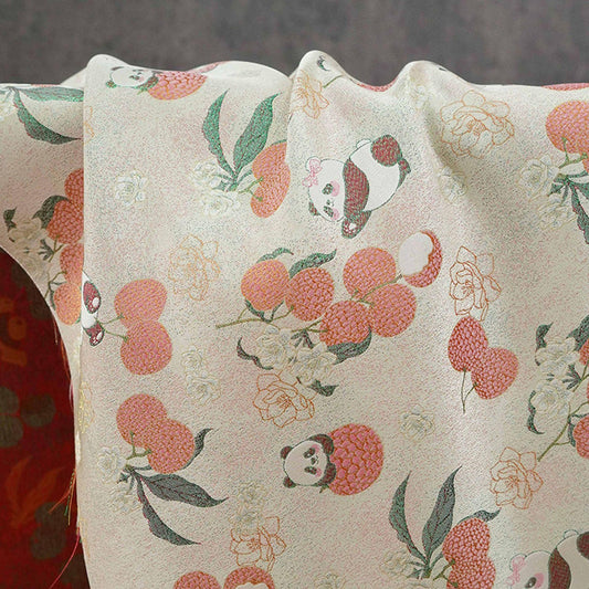 Panda Lychee Jacquard Brocade Fabric, Ivory Botanical Metallic Thread Chinese Style Fabric for Qipao, Dress and Crafts