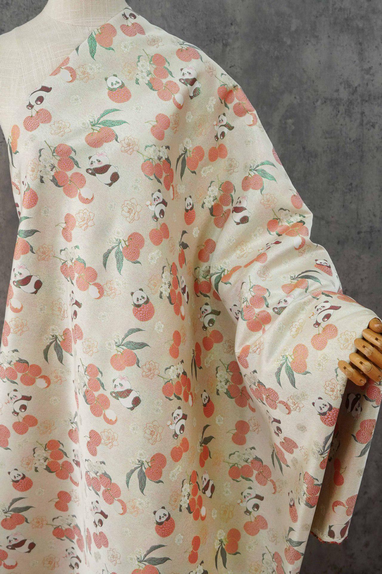 Panda Lychee Jacquard Brocade Fabric, Ivory Botanical Metallic Thread Chinese Style Fabric for Qipao, Dress and Crafts