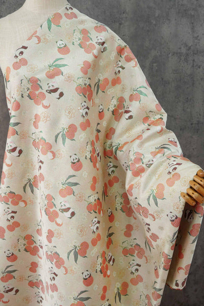 Panda Lychee Jacquard Brocade Fabric, Ivory Botanical Metallic Thread Chinese Style Fabric for Qipao, Dress and Crafts