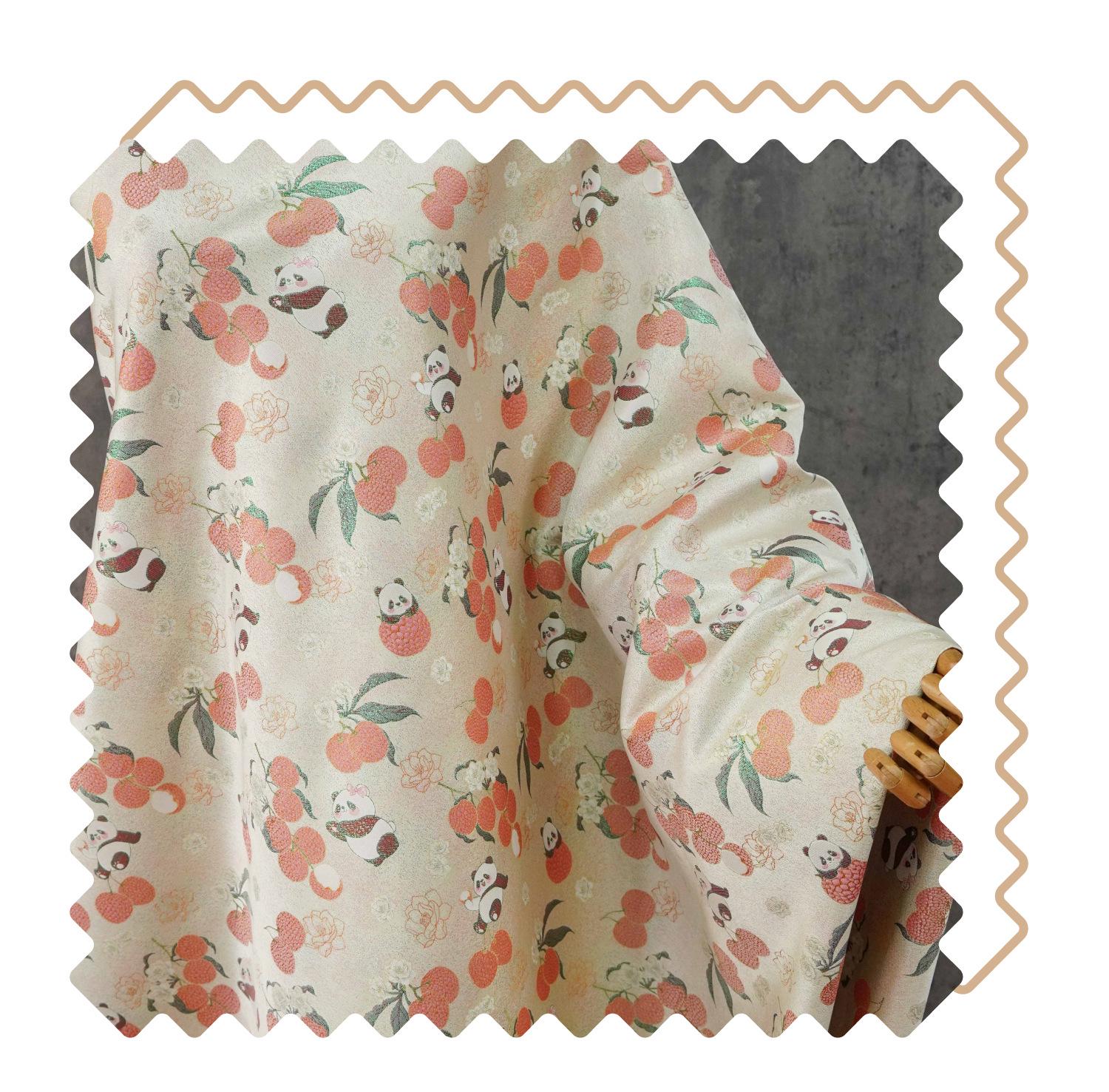 Panda Lychee Jacquard Brocade Fabric, Ivory Botanical Metallic Thread Chinese Style Fabric for Qipao, Dress and Crafts