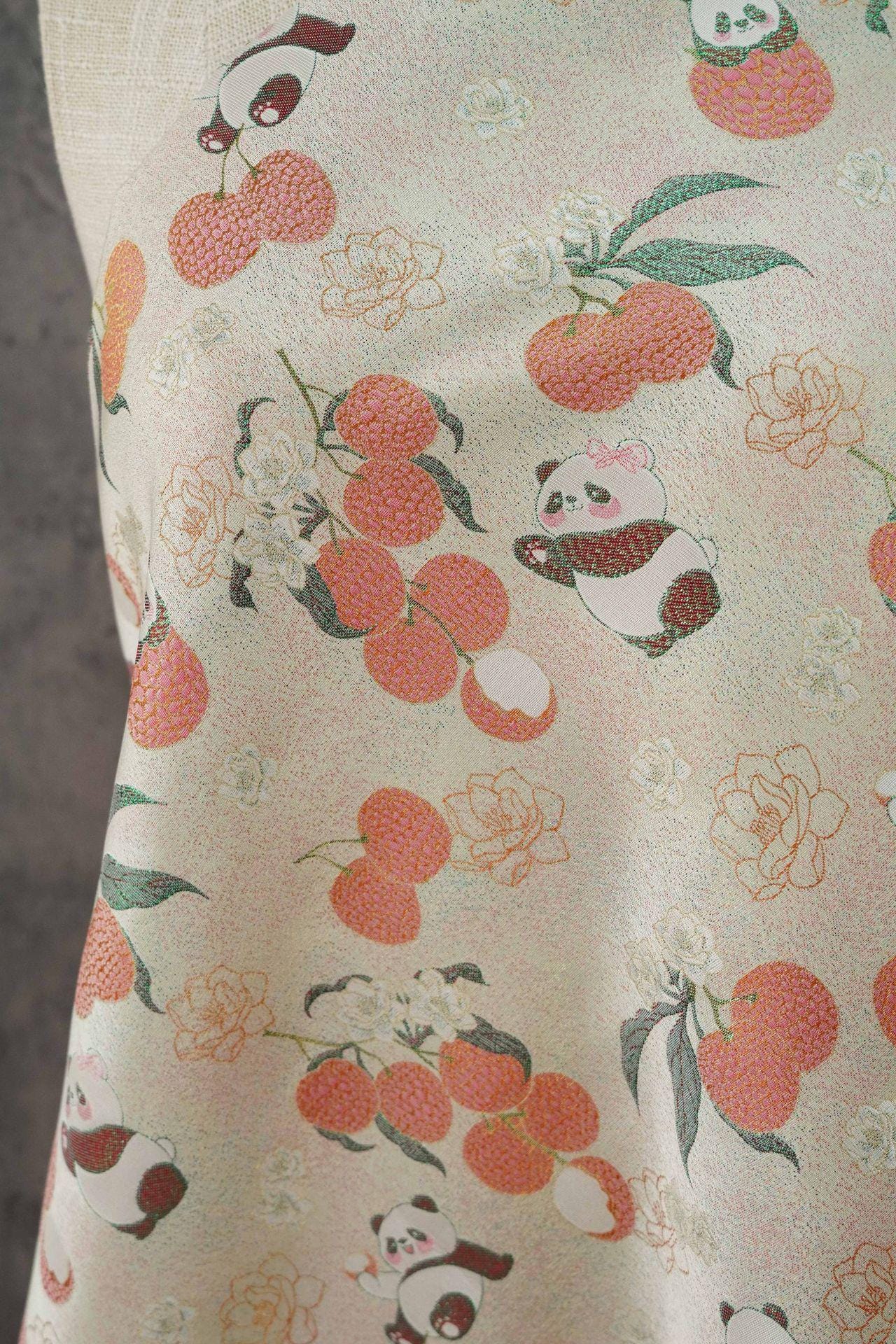 Panda Lychee Jacquard Brocade Fabric, Ivory Botanical Metallic Thread Chinese Style Fabric for Qipao, Dress and Crafts