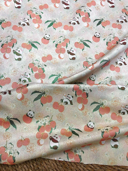 Panda Lychee Jacquard Brocade Fabric, Ivory Botanical Metallic Thread Chinese Style Fabric for Qipao, Dress and Crafts