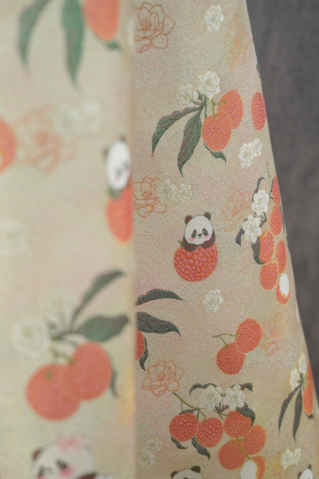 Panda Lychee Jacquard Brocade Fabric, Ivory Botanical Metallic Thread Chinese Style Fabric for Qipao, Dress and Crafts
