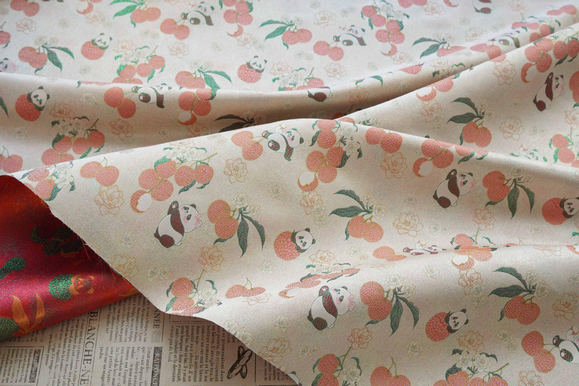 Panda Lychee Jacquard Brocade Fabric, Ivory Botanical Metallic Thread Chinese Style Fabric for Qipao, Dress and Crafts