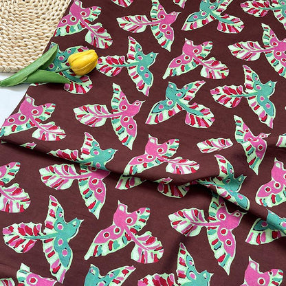 Folk Art Bird Print Cotton Fabric, Burgundy Green Pink Flying Bird Fabric for Dress, Shirt, Qipao, Crafts and Home Decor