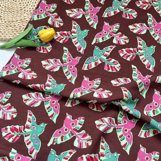 Folk Art Bird Print Cotton Fabric, Burgundy Green Pink Flying Bird Fabric for Dress, Shirt, Qipao, Crafts and Home Decor
