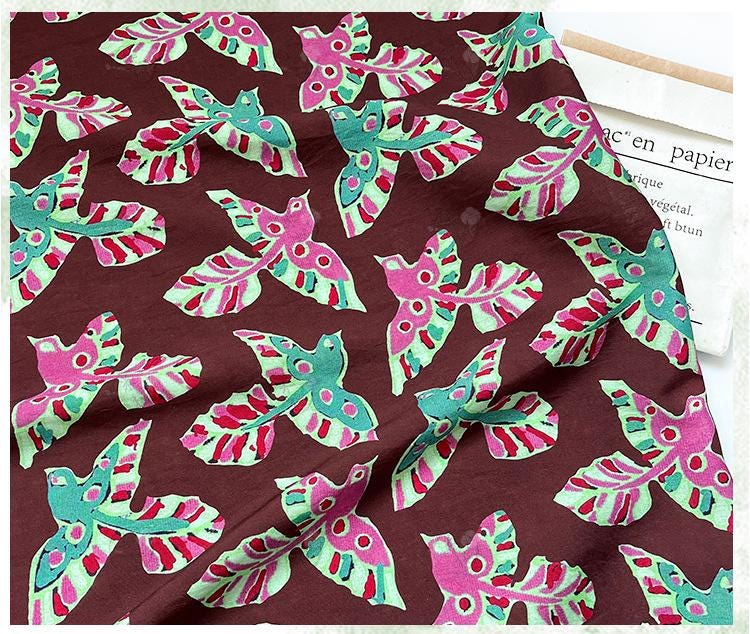 Folk Art Bird Print Cotton Fabric, Burgundy Green Pink Flying Bird Fabric for Dress, Shirt, Qipao, Crafts and Home Decor