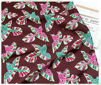 Folk Art Bird Print Cotton Fabric, Burgundy Green Pink Flying Bird Fabric for Dress, Shirt, Qipao, Crafts and Home Decor