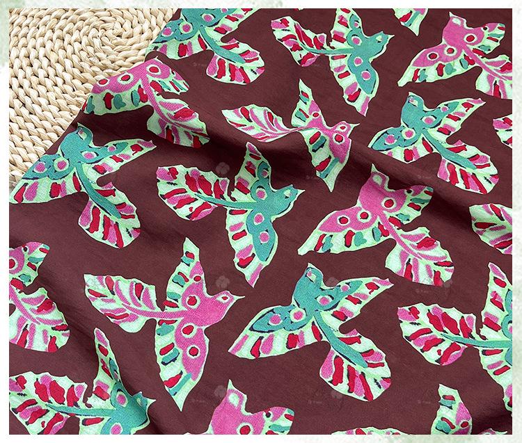 Folk Art Bird Print Cotton Fabric, Burgundy Green Pink Flying Bird Fabric for Dress, Shirt, Qipao, Crafts and Home Decor