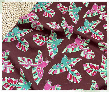 Folk Art Bird Print Cotton Fabric, Burgundy Green Pink Flying Bird Fabric for Dress, Shirt, Qipao, Crafts and Home Decor