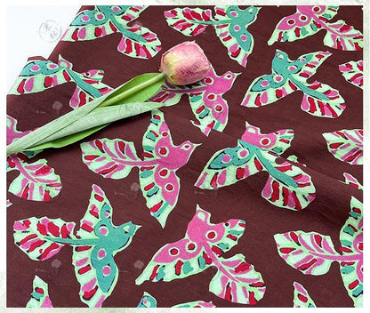 Folk Art Bird Print Cotton Fabric, Burgundy Green Pink Flying Bird Fabric for Dress, Shirt, Qipao, Crafts and Home Decor