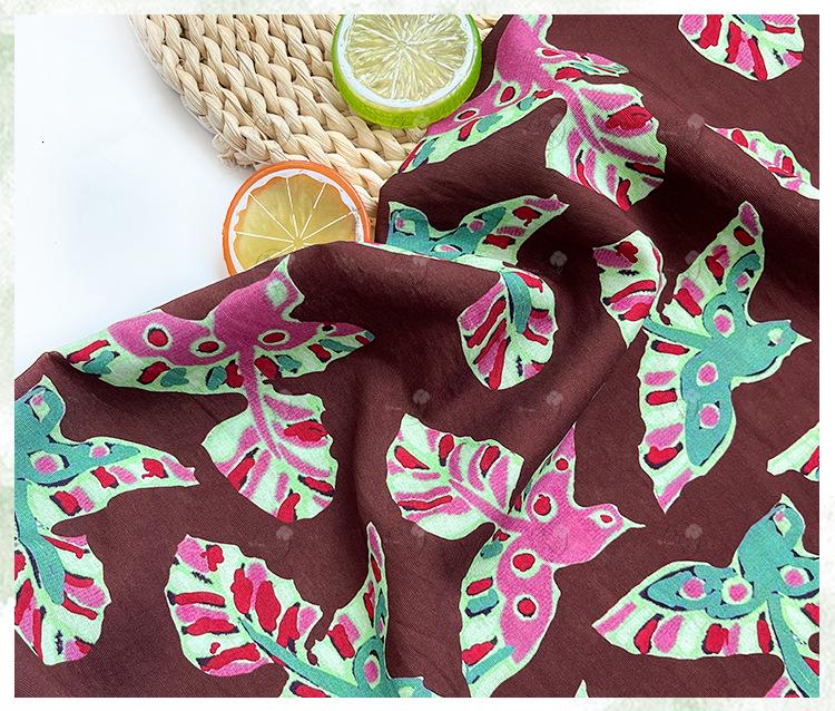 Folk Art Bird Print Cotton Fabric, Burgundy Green Pink Flying Bird Fabric for Dress, Shirt, Qipao, Crafts and Home Decor
