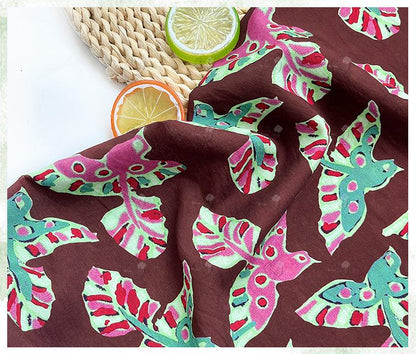 Folk Art Bird Print Cotton Fabric, Burgundy Green Pink Flying Bird Fabric for Dress, Shirt, Qipao, Crafts and Home Decor