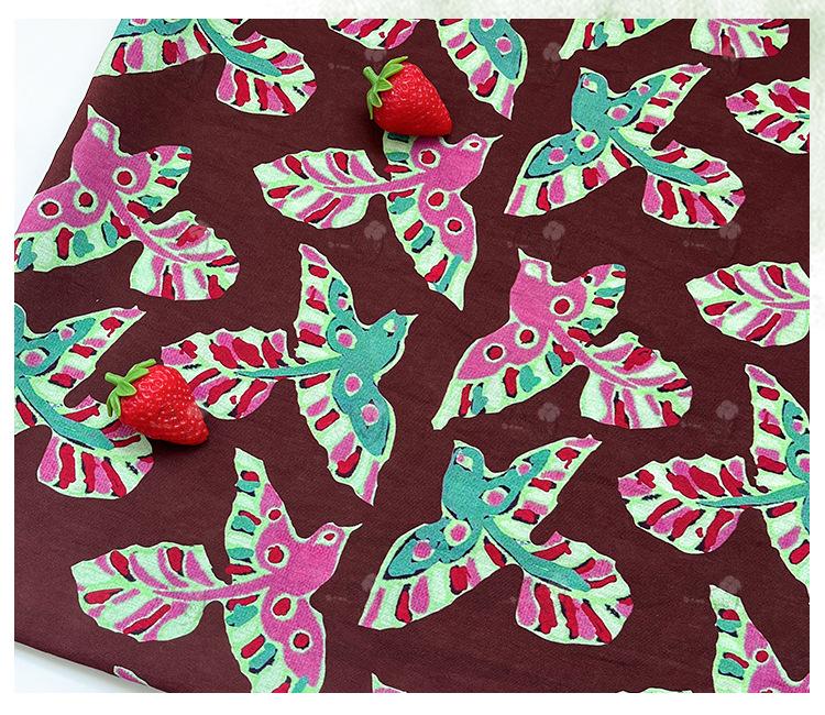 Folk Art Bird Print Cotton Fabric, Burgundy Green Pink Flying Bird Fabric for Dress, Shirt, Qipao, Crafts and Home Decor