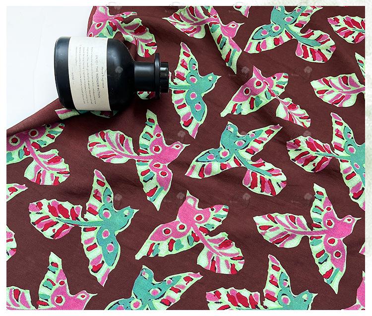 Folk Art Bird Print Cotton Fabric, Burgundy Green Pink Flying Bird Fabric for Dress, Shirt, Qipao, Crafts and Home Decor
