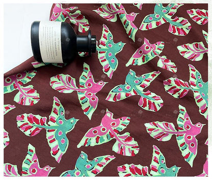 Folk Art Bird Print Cotton Fabric, Burgundy Green Pink Flying Bird Fabric for Dress, Shirt, Qipao, Crafts and Home Decor