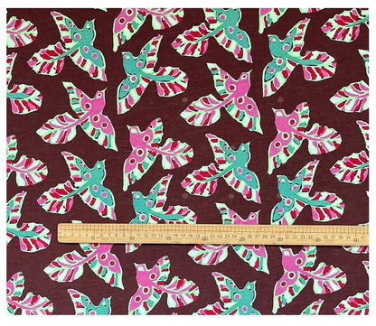 Folk Art Bird Print Cotton Fabric, Burgundy Green Pink Flying Bird Fabric for Dress, Shirt, Qipao, Crafts and Home Decor