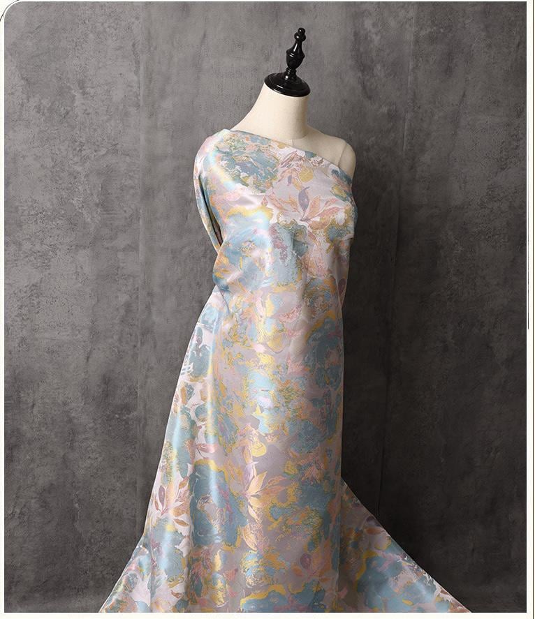 Dreamy Floral Dress Fabric, Pastel Blue Pink Gold Botanical Fabric for Evening Gown, Skirt, Costume, Fashion and Home Decor, 66"Wide