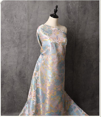 Dreamy Floral Dress Fabric, Pastel Blue Pink Gold Botanical Fabric for Evening Gown, Skirt, Costume, Fashion and Home Decor, 66"Wide