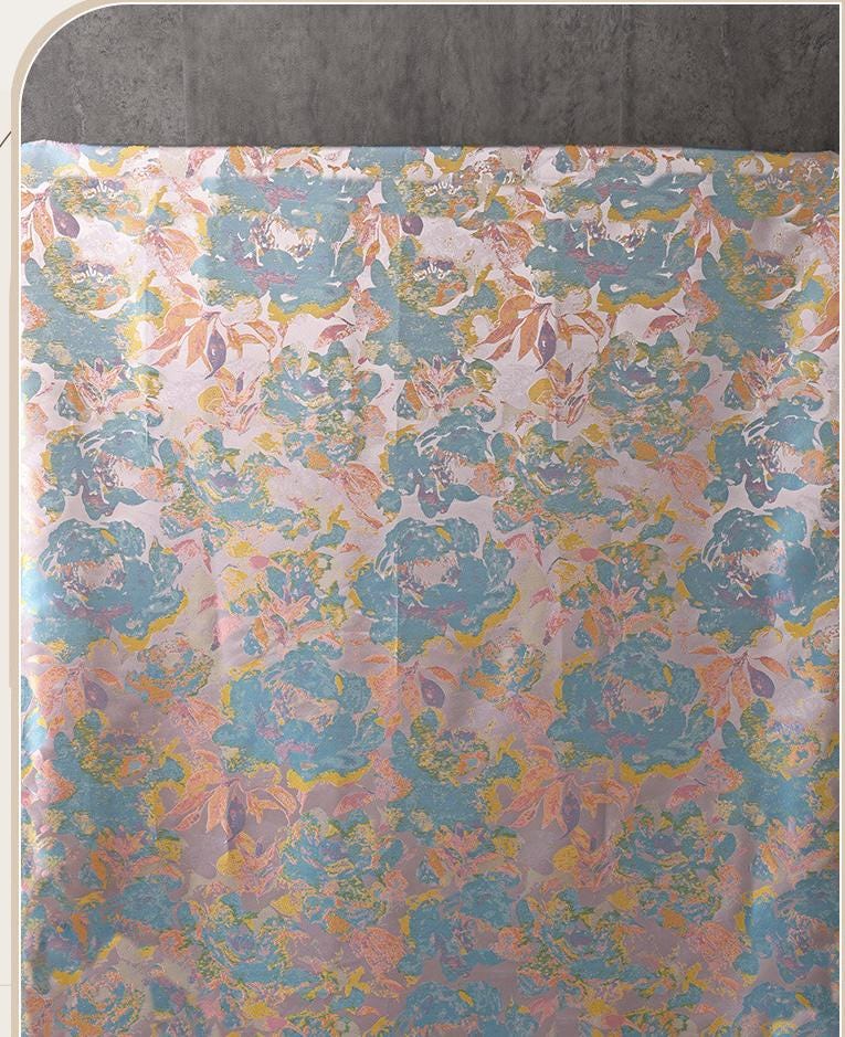 Dreamy Floral Dress Fabric, Pastel Blue Pink Gold Botanical Fabric for Evening Gown, Skirt, Costume, Fashion and Home Decor, 66"Wide
