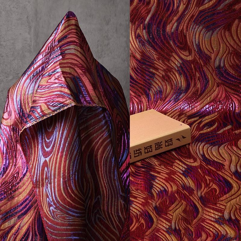 Multicolor Metallic Jacquard Fabric, Raised Wave Feather Pattern, Red Blue Gold Formal Dress, Jacket, Costume & Decor Fabric, 56"Wide
