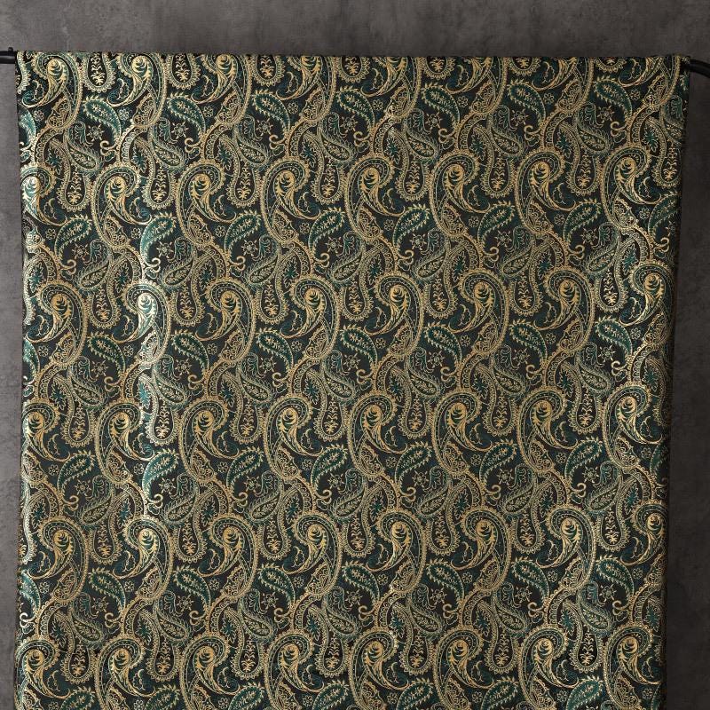 Two-Tone Paisley Jacquard Fabric, Dark Green Gold Yarn-Dyed Woven Fabric for Jacket, Vest, Dress, Costume and Decor, 59"Wide