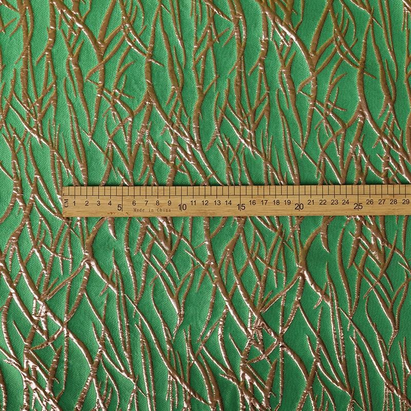 Green Metallic Jacquard Fabric, Raised Gold Line Texture, Abstract Branch Stripe Brocade for Dress, Jacket, Costume & Decor, 57"Wide