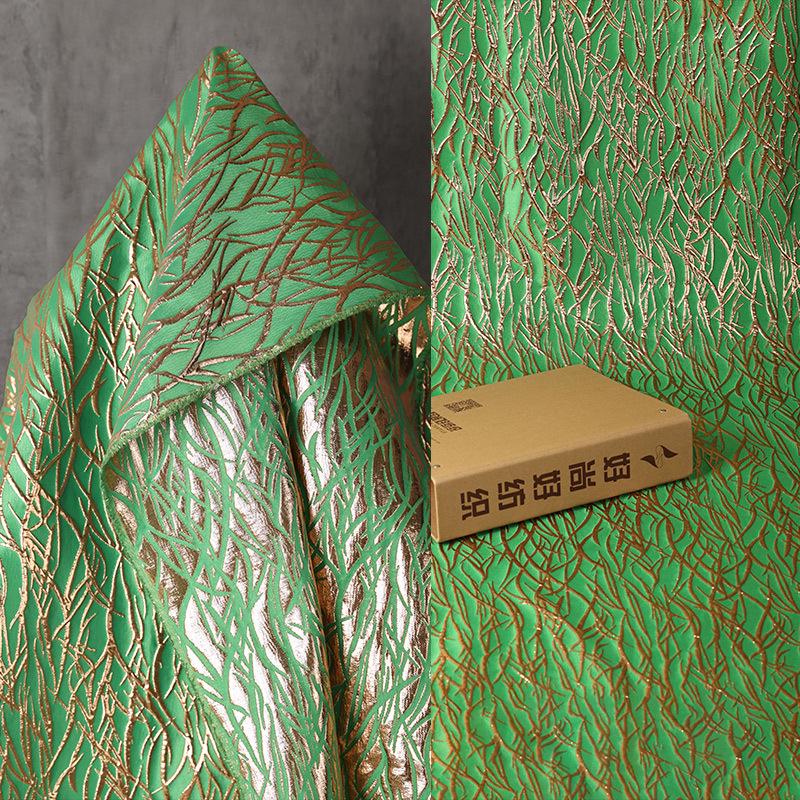 Green Metallic Jacquard Fabric, Raised Gold Line Texture, Abstract Branch Stripe Brocade for Dress, Jacket, Costume & Decor, 57"Wide