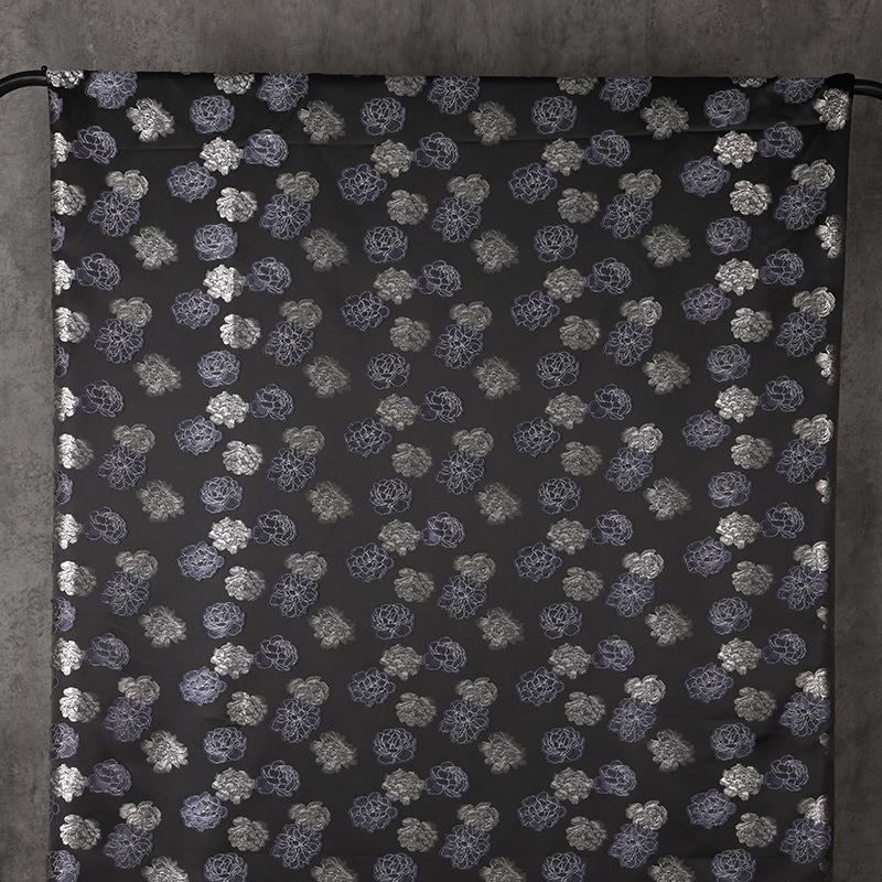 Two-Tone Peony Clipped Jacquard Fabric, Black Silver Blue Yarn-Dyed Woven Fabric for Dress, Jacket, Qipao & Decor, 66"Wide
