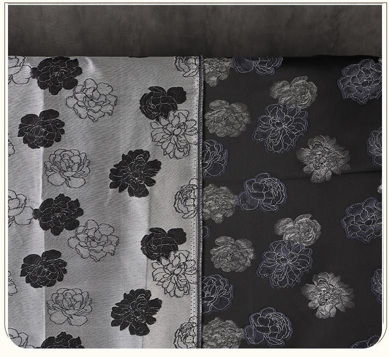 Two-Tone Peony Clipped Jacquard Fabric, Black Silver Blue Yarn-Dyed Woven Fabric for Dress, Jacket, Qipao & Decor, 66"Wide