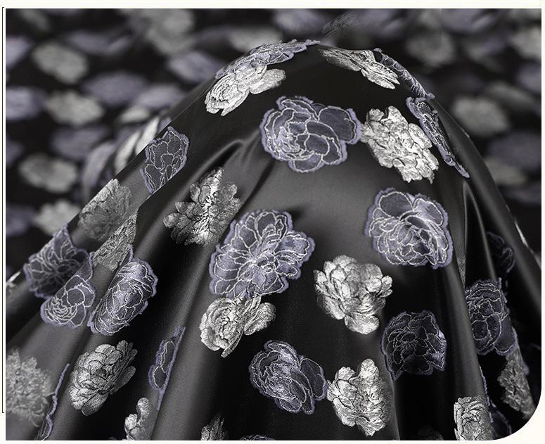 Two-Tone Peony Clipped Jacquard Fabric, Black Silver Blue Yarn-Dyed Woven Fabric for Dress, Jacket, Qipao & Decor, 66"Wide