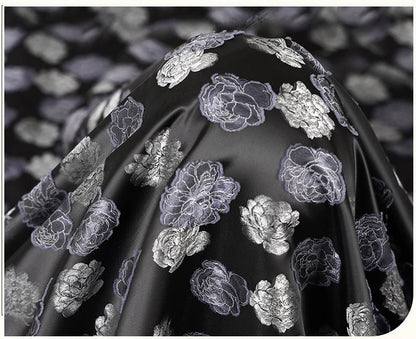 Two-Tone Peony Clipped Jacquard Fabric, Black Silver Blue Yarn-Dyed Woven Fabric for Dress, Jacket, Qipao & Decor, 66"Wide