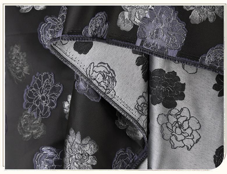 Two-Tone Peony Clipped Jacquard Fabric, Black Silver Blue Yarn-Dyed Woven Fabric for Dress, Jacket, Qipao & Decor, 66"Wide