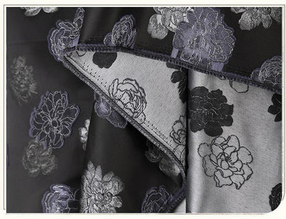 Two-Tone Peony Clipped Jacquard Fabric, Black Silver Blue Yarn-Dyed Woven Fabric for Dress, Jacket, Qipao & Decor, 66"Wide
