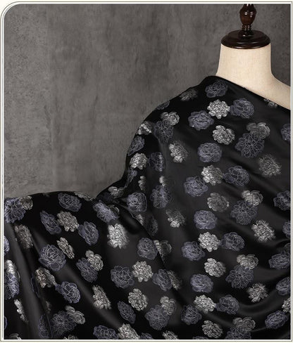 Two-Tone Peony Clipped Jacquard Fabric, Black Silver Blue Yarn-Dyed Woven Fabric for Dress, Jacket, Qipao & Decor, 66"Wide