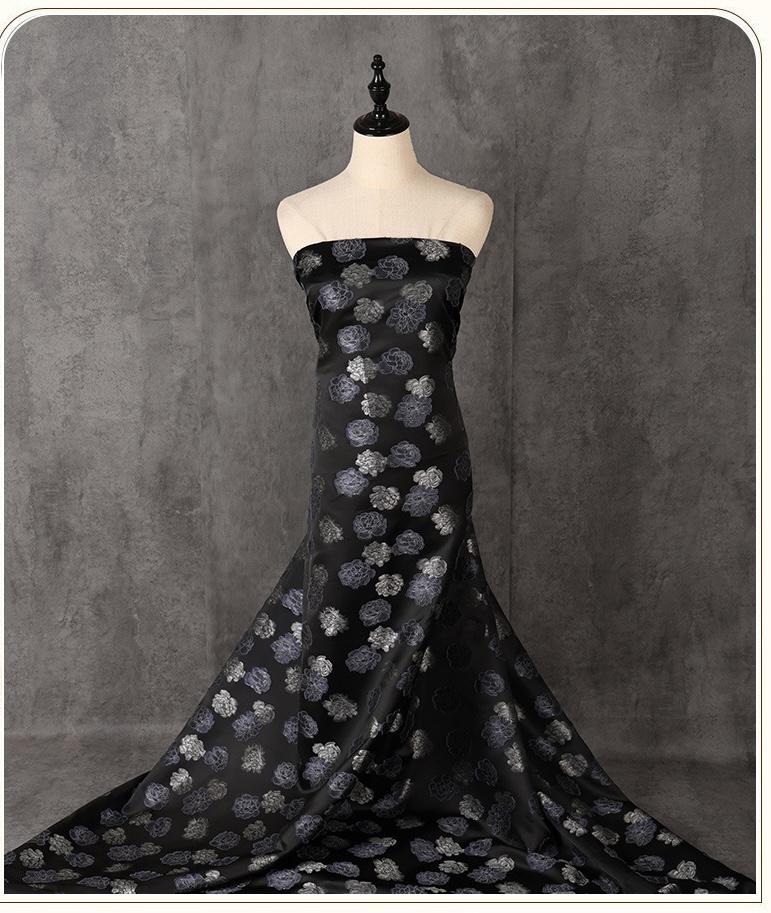 Two-Tone Peony Clipped Jacquard Fabric, Black Silver Blue Yarn-Dyed Woven Fabric for Dress, Jacket, Qipao & Decor, 66"Wide