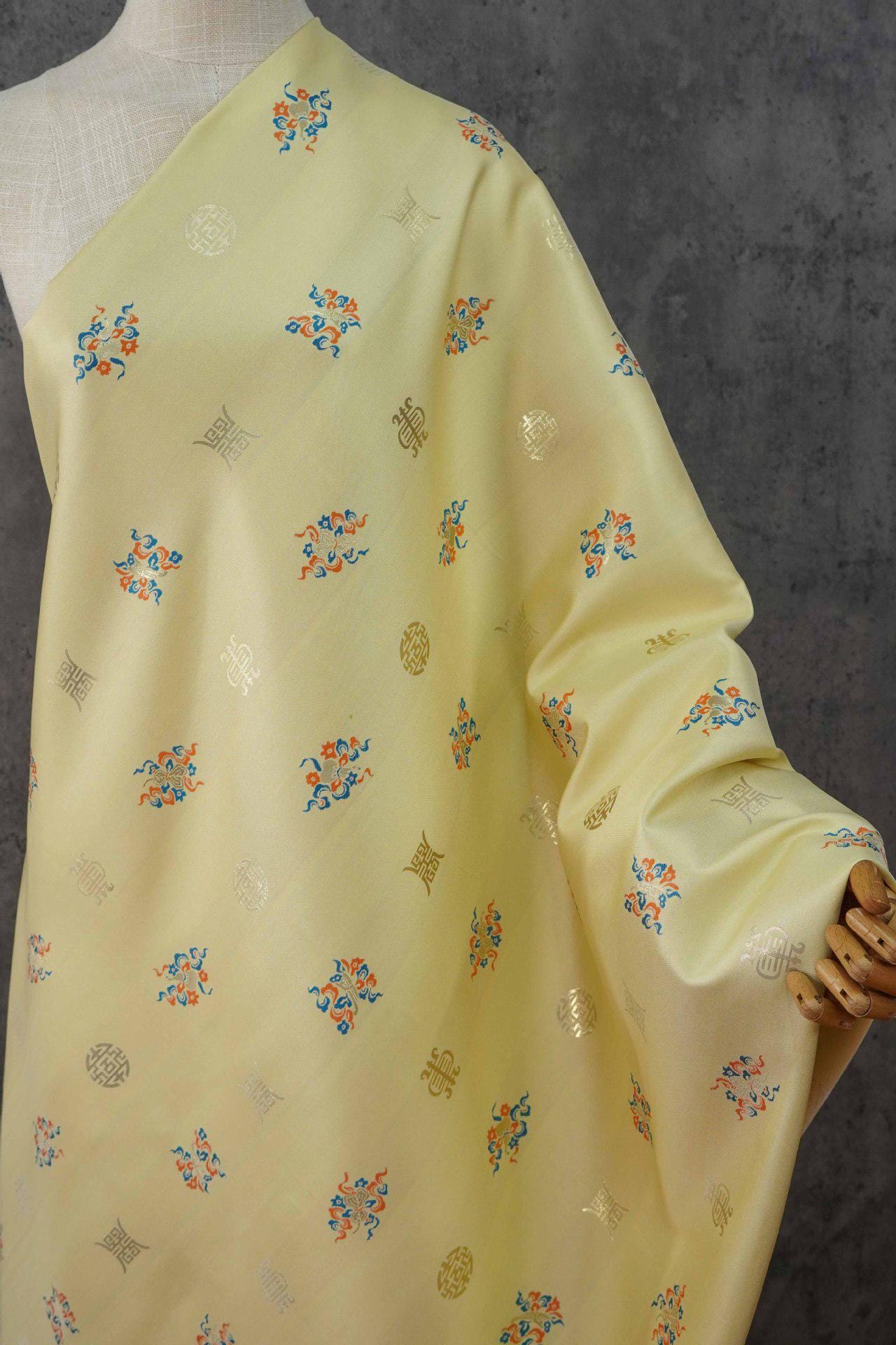 Chinese Song Brocade Fabric, Wufu Longevity Gold Thread Jacquard Textile, Traditional Pattern Fabric for Clothing and Decor