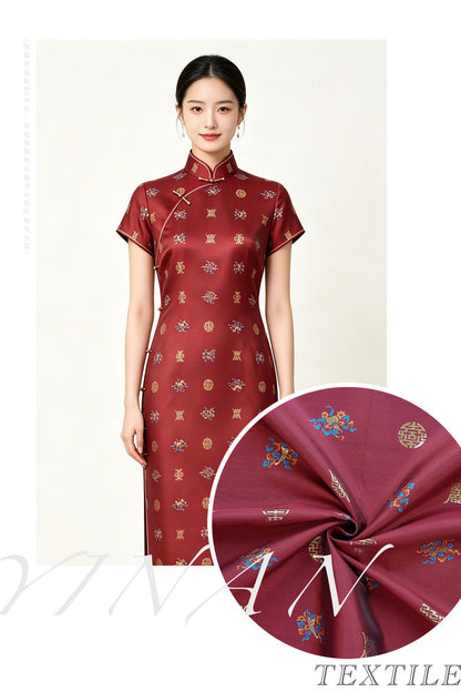Chinese Song Brocade Fabric, Wufu Longevity Gold Thread Jacquard Textile, Traditional Pattern Fabric for Clothing and Decor