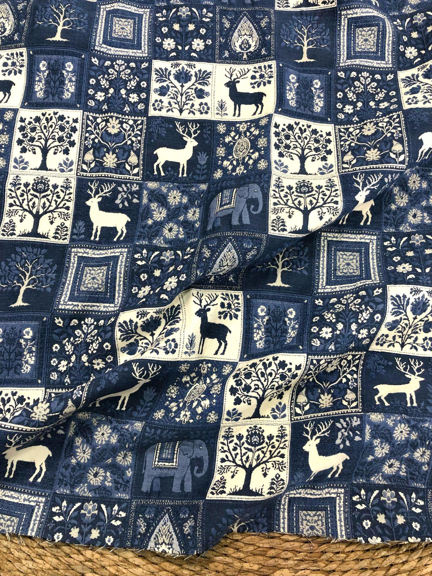 Blue White Medieval Tapestry Jacquard Fabric, Woven Animal & Tree of Life Design, William Morris Style Upholstery Fabric by the Yard