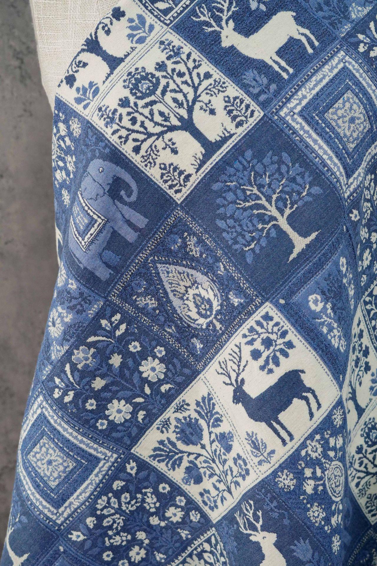 Blue White Medieval Tapestry Jacquard Fabric, Woven Animal & Tree of Life Design, William Morris Style Upholstery Fabric by the Yard