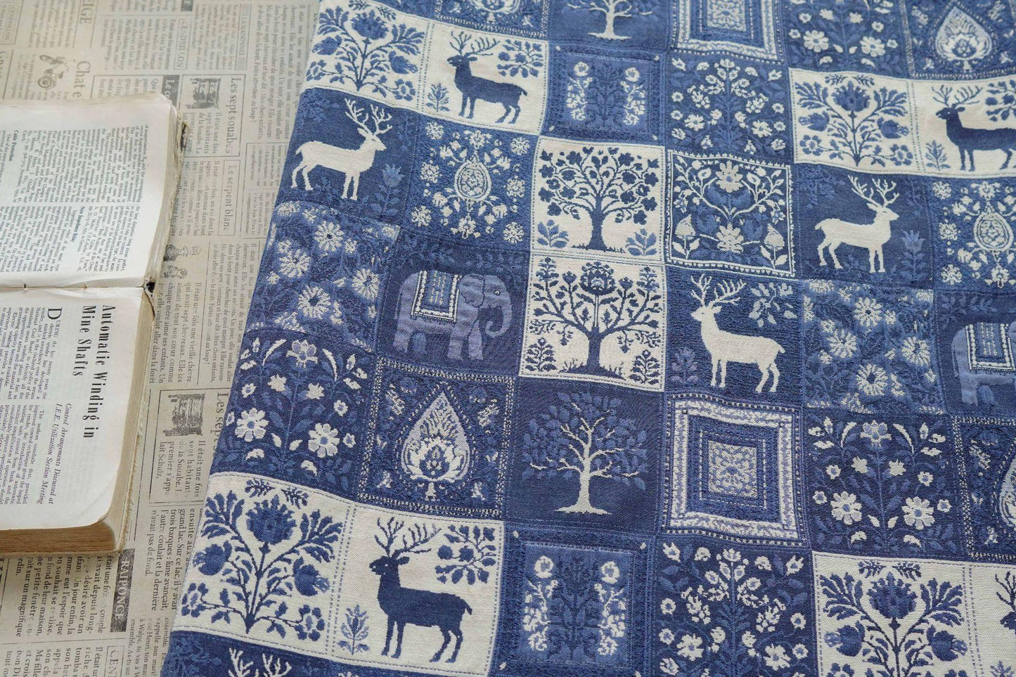 Blue White Medieval Tapestry Jacquard Fabric, Woven Animal & Tree of Life Design, William Morris Style Upholstery Fabric by the Yard