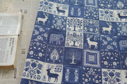 Blue White Medieval Tapestry Jacquard Fabric, Woven Animal & Tree of Life Design, William Morris Style Upholstery Fabric by the Yard