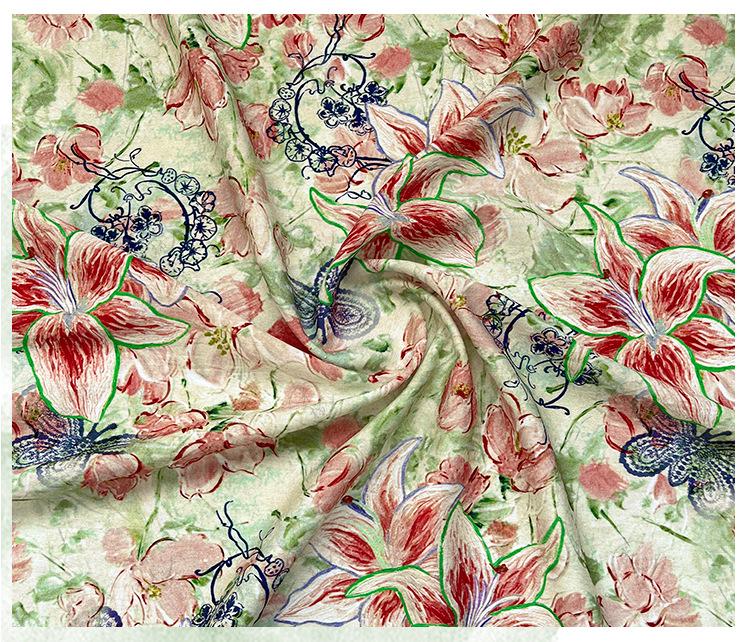 Lily Floral Cotton Fabric, Watercolor Lily Butterfly Print, Digital Botanical Cotton Fabric by the Yard for Sewing, Quilting, Home Decor