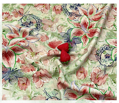Lily Floral Cotton Fabric, Watercolor Lily Butterfly Print, Digital Botanical Cotton Fabric by the Yard for Sewing, Quilting, Home Decor