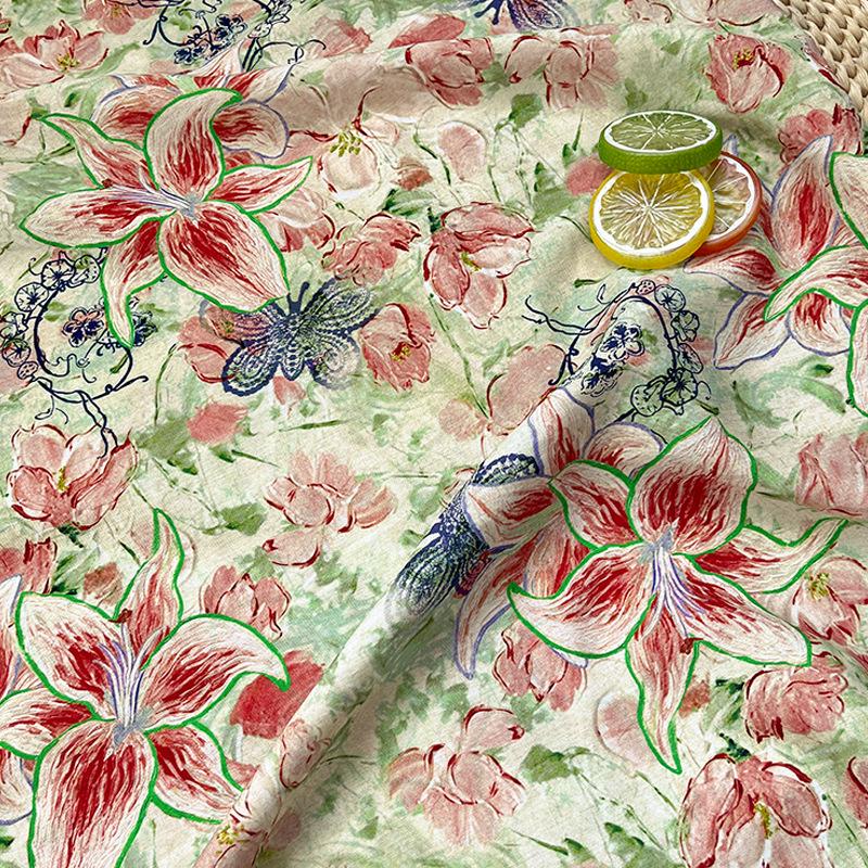 Lily Floral Cotton Fabric, Watercolor Lily Butterfly Print, Digital Botanical Cotton Fabric by the Yard for Sewing, Quilting, Home Decor
