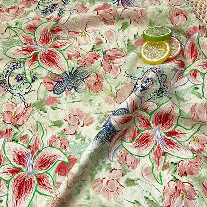 Lily Floral Cotton Fabric, Watercolor Lily Butterfly Print, Digital Botanical Cotton Fabric by the Yard for Sewing, Quilting, Home Decor