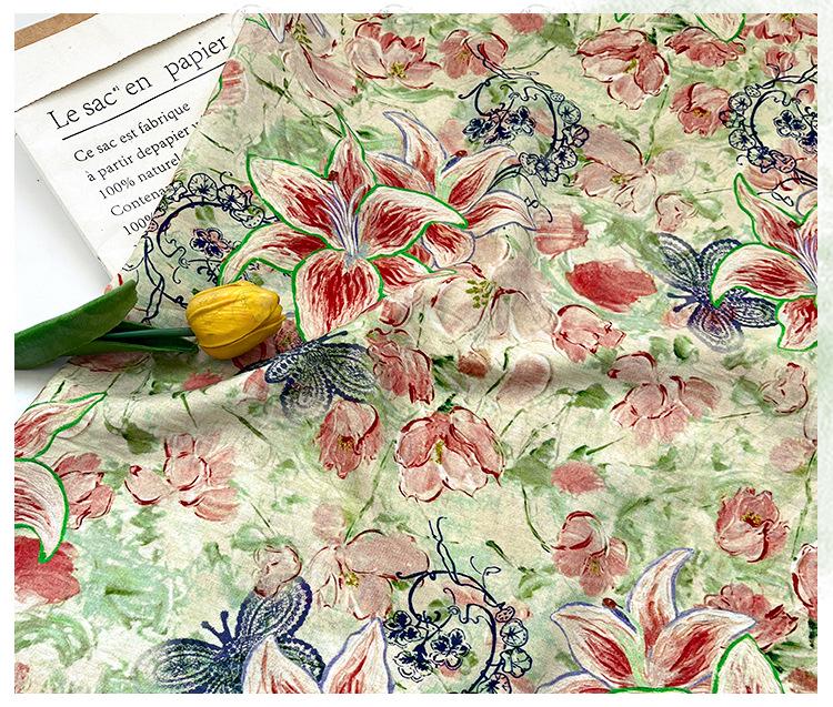 Lily Floral Cotton Fabric, Watercolor Lily Butterfly Print, Digital Botanical Cotton Fabric by the Yard for Sewing, Quilting, Home Decor